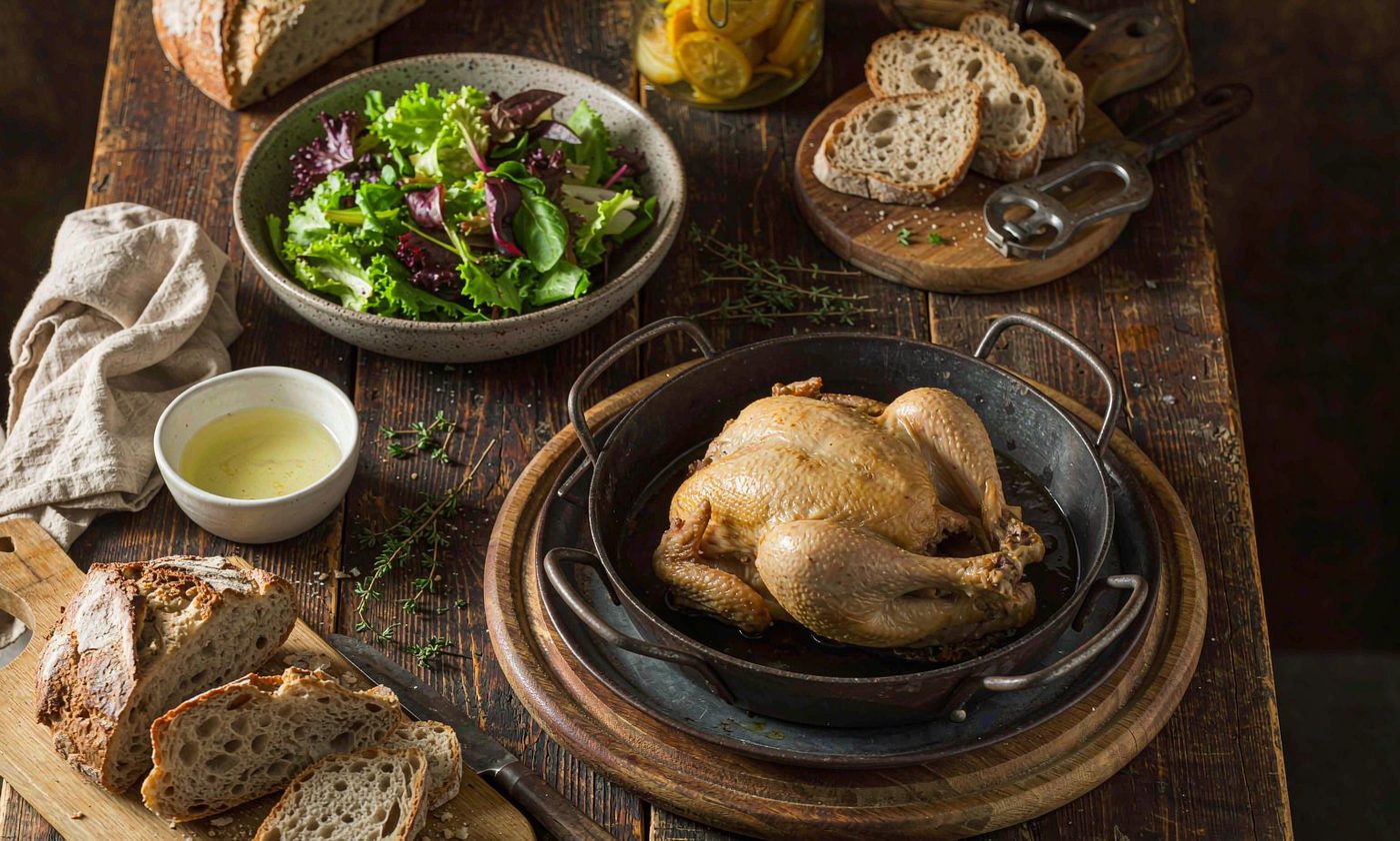 A roast chicken dinner spread on a warm wooden table